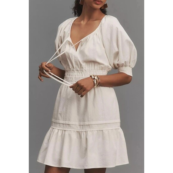 Anthropologie The Somerset Mini Dress Puff Sleeve Smocked White Boho LP 282932 - Picture 1 of 9